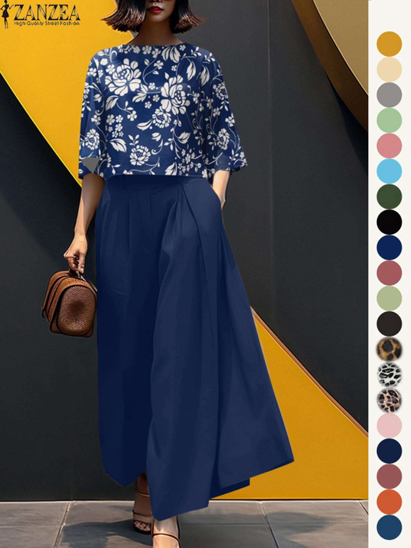 Women's Top & Wide Leg Pants Two-piece Set, Casual Fashion Cozy Three Quarter Length Sleeve Top & Trousers for Daily Outdoor Wear, Ladies Clothes for All Seasons, Womenswear