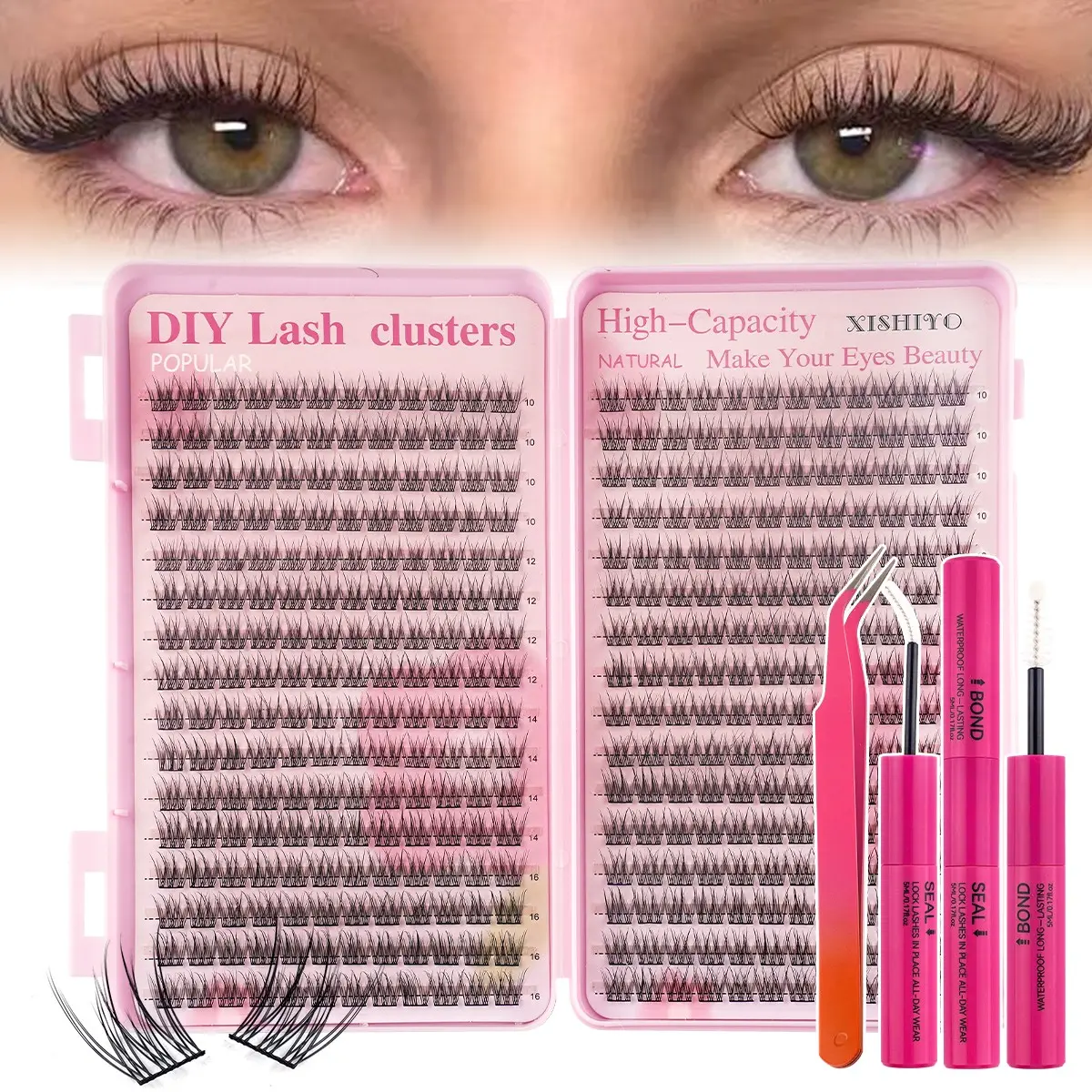 384PCS CC Curl DIY Fishtail Lash Clusters Kit, Anime Spiky 3D Multi-layer Individual Volumized False Eyelashes, 10-16mm Mixed Length Natural Slim Beginner Friendly, with Glue & Tweezers for Daily Date Formal Festival Makeup