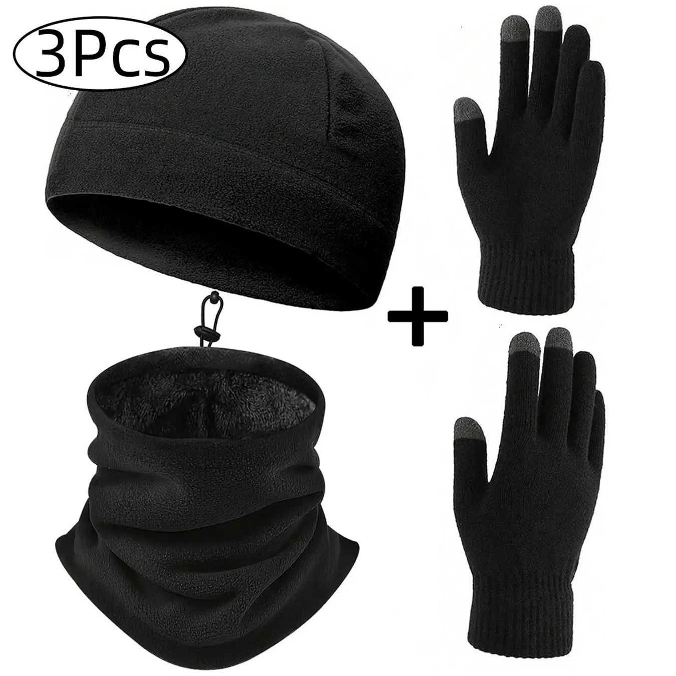 3Pcs Fleece Skull Caps+Neck Gaiter+Knit Gloves, Mens Womens Beanie Fleece Knit Winter Hat Soft Warm Skull Beanie Cap Neck Warmer Face Mask for Ski Snowboarding