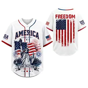 Men’s America Freedom Baseball Jersey Patriotic Button Down Shirt USA Flag Statue of Liberty Graphic Short Sleeve Jersey White 4th of July Independence Day One Nation Patriotic Party Top