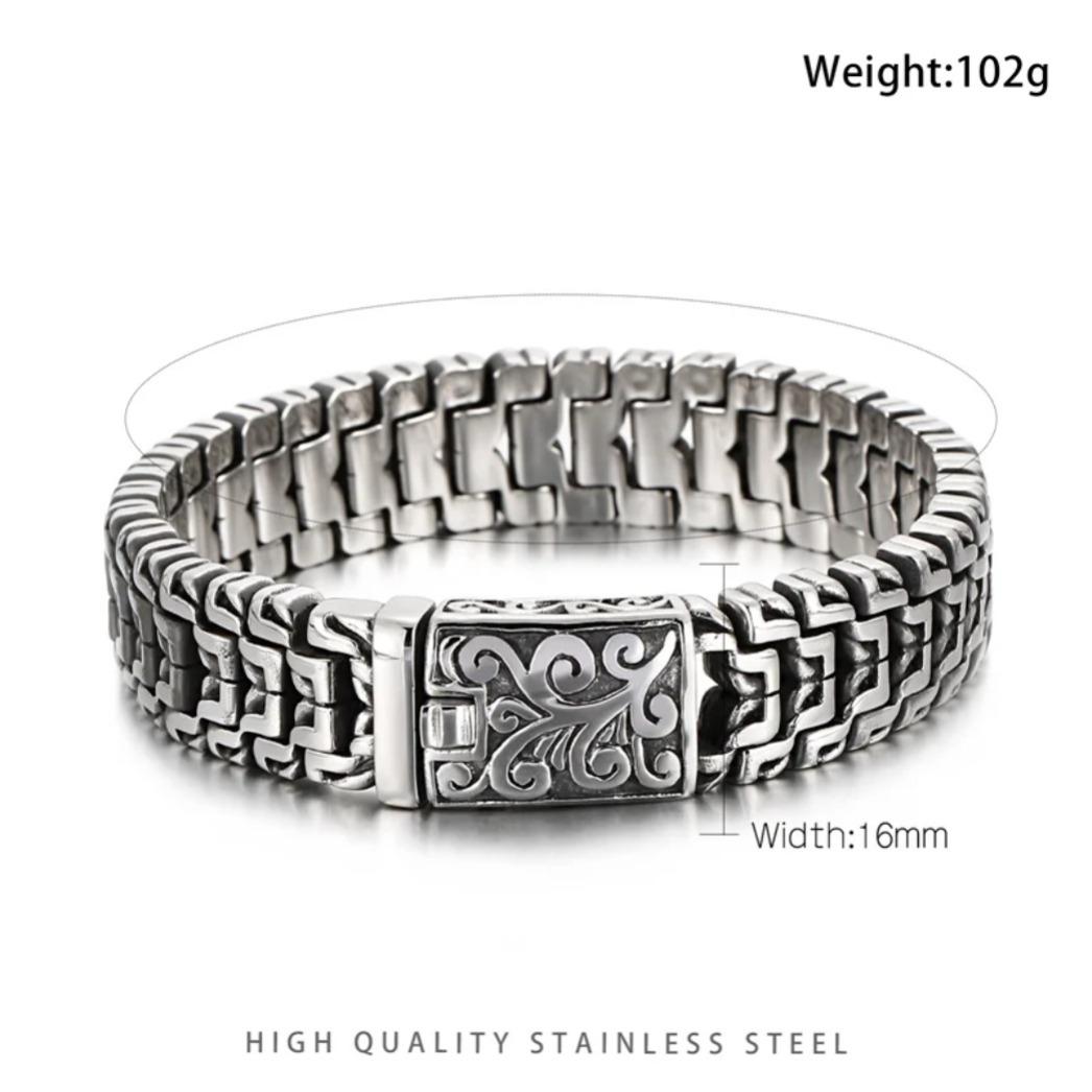 Vintage Carved Cuban Link 16mm Wide Bracelet for Men, Retro Engraved Stainless Steel Wrist Chain, Punk Rock Biker Jewelry Gift