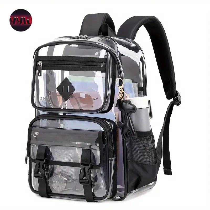 YYW1 Transparent Backpack Casual Large Capacity Multi-Pocket Clear Bag Women's Shoulder Bag PVC Transparent Student Office Bag