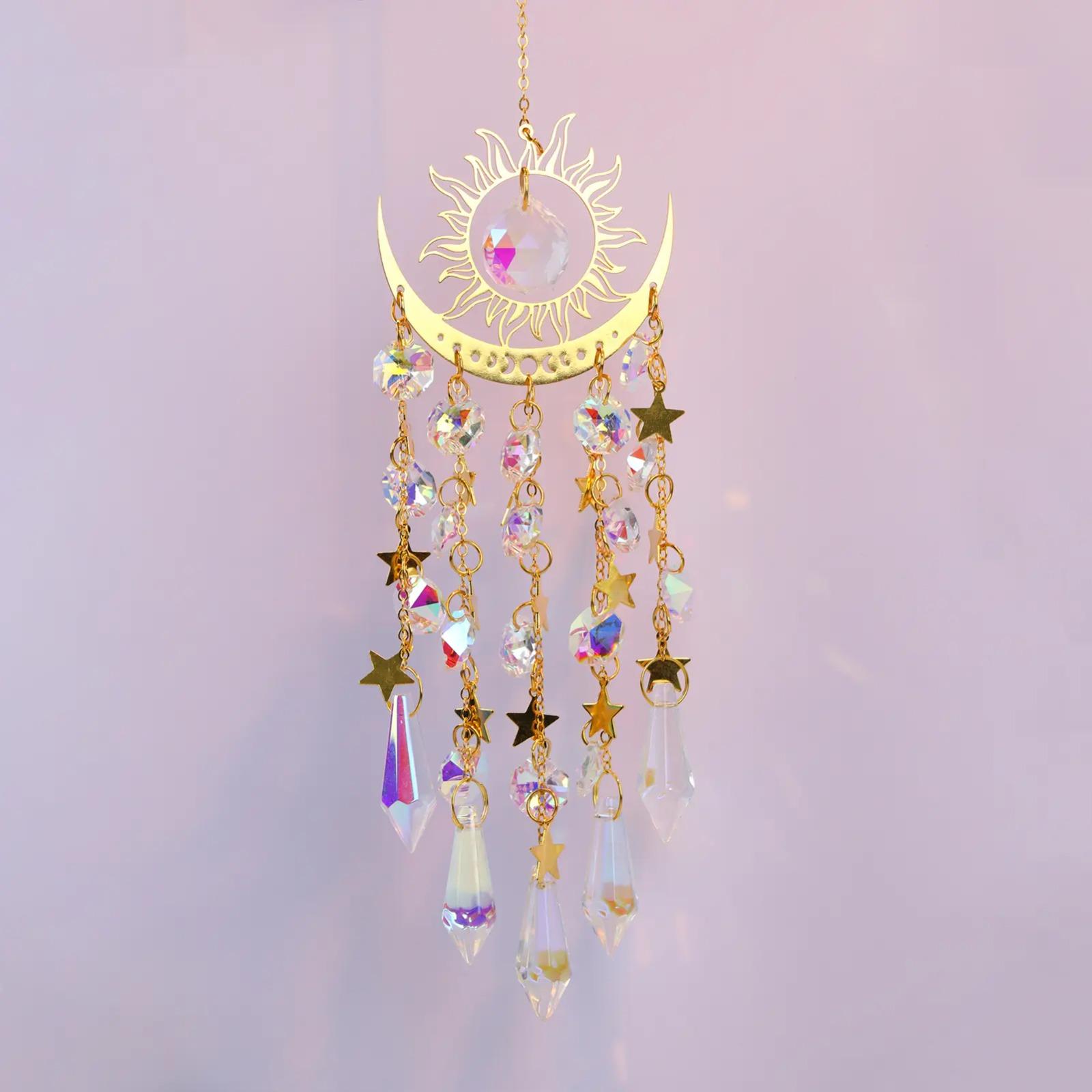 Golden Flame Moon Crystal Suncatcher Hanging Decor, AB Color Prism Wind Chime Pendant for Outdoor Garden & Window, Sparkling Rainbow Maker Boho Ornament Perfect for Yard, Balcony & Spiritual Gift Giving