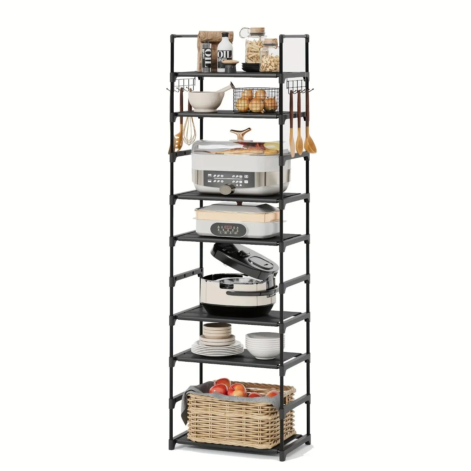 Superlele 10-Tiers Pots And Pans Organizer, Vertical Kitchen Shelves with Divider, Kitchen Organizers And Storage, Home Decorations, Black Metal Storage Shelf with Hooks, Spice Rack, Shoe Rack, Pots And Pans Organizer, for Kitchen, Pantry
