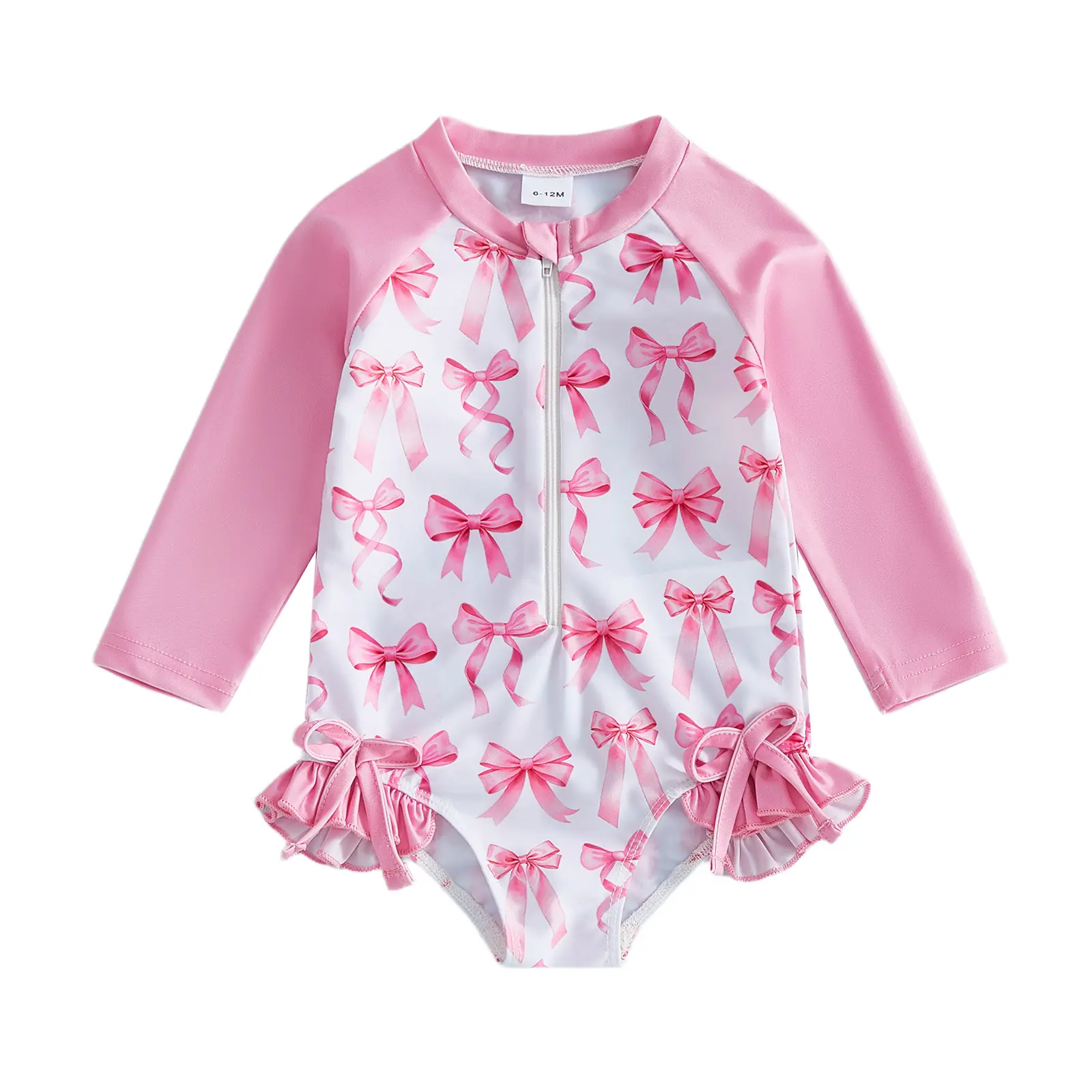 Baby Girls' Long Sleeve  Swimsuits Toddler Zip Up Rashguard Bathing Suits with Toddler Girl Ruffle Bow Printed Swimwear 6M-5T