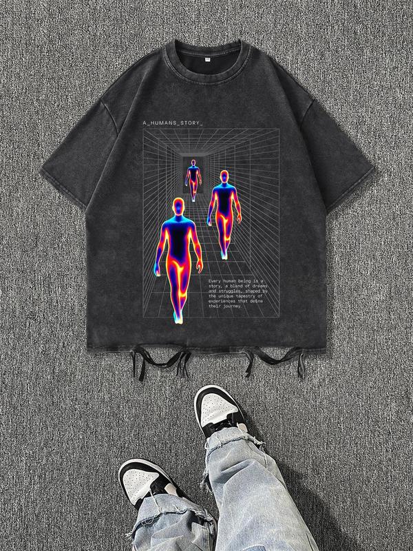 Vintage Print Men's Washed Cotton T-Shirt, Retro Style Distressed Tee for Casual Wear, Soft Comfortable Cotton Fabric