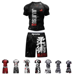 2 pcs Men MMA Tracksuit Short Sets For jiu jitsu Bjj No Gi Rashguard+Grappling Shorts Cool Westling stretchy Running Gym Clothes