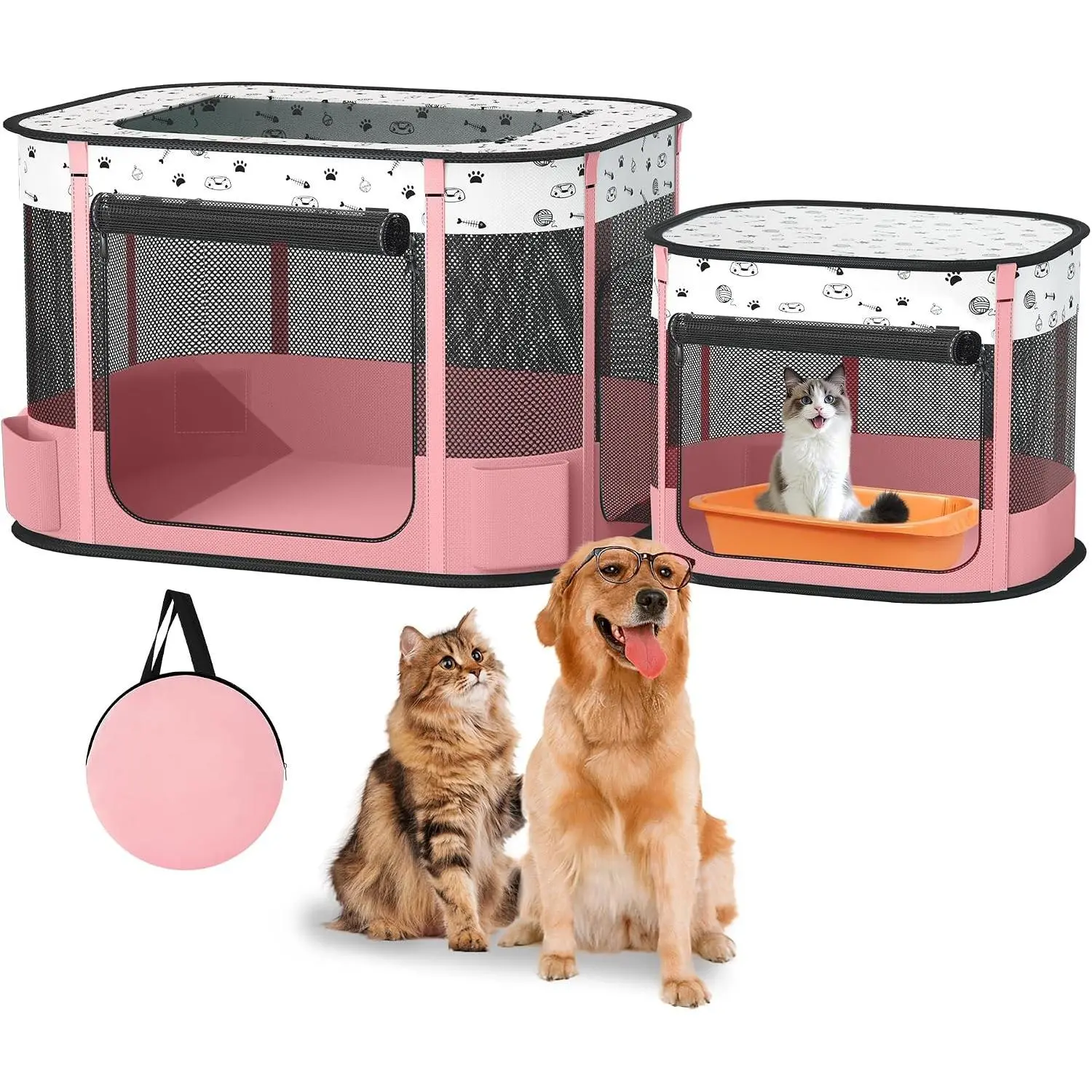 Portable 600D Oxford Cloth Multi-Zone Pet Playpen with Litter Box Area, Foldable 8-Rod Design, 32"x24"x22" Pink Enclosure for Kittens/Puppies, Indoor/Outdoor Use, Waterproof with Carry Bag