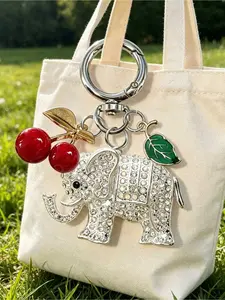 Crystal Embedded Elephant Keychain, Lucky Crystal Elephant Pendant with Cherry and Leaf, Shiny Imitation Diamond Keychain, Cute Animal Keychain