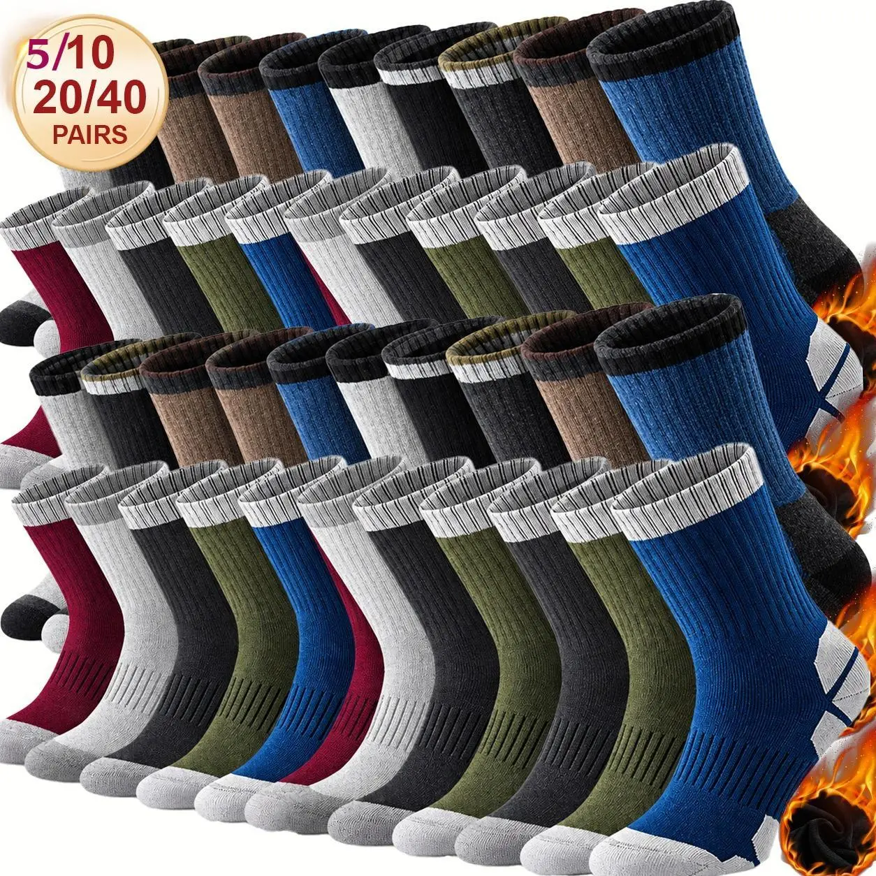 5/6/10/20/Pairs Men's Thermal Crew Socks, Thick Winter Warm Cushioned Work Boot Socks, Heavy Duty Soft Moisture Wicking Athletic Hiking Socks for Men, Multi Color