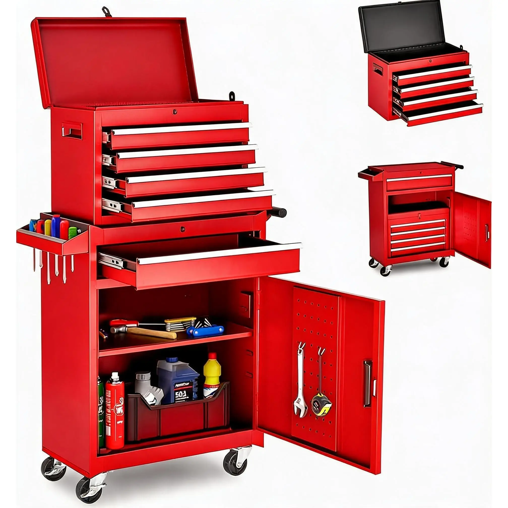 GARVEE Heavy-Duty 5-Drawer Rolling Tool Chest Cabinet, Metal Tool Storage Organizer with Sliding Drawers, Protective Liners & Wheels for Garage and Workshop, Red