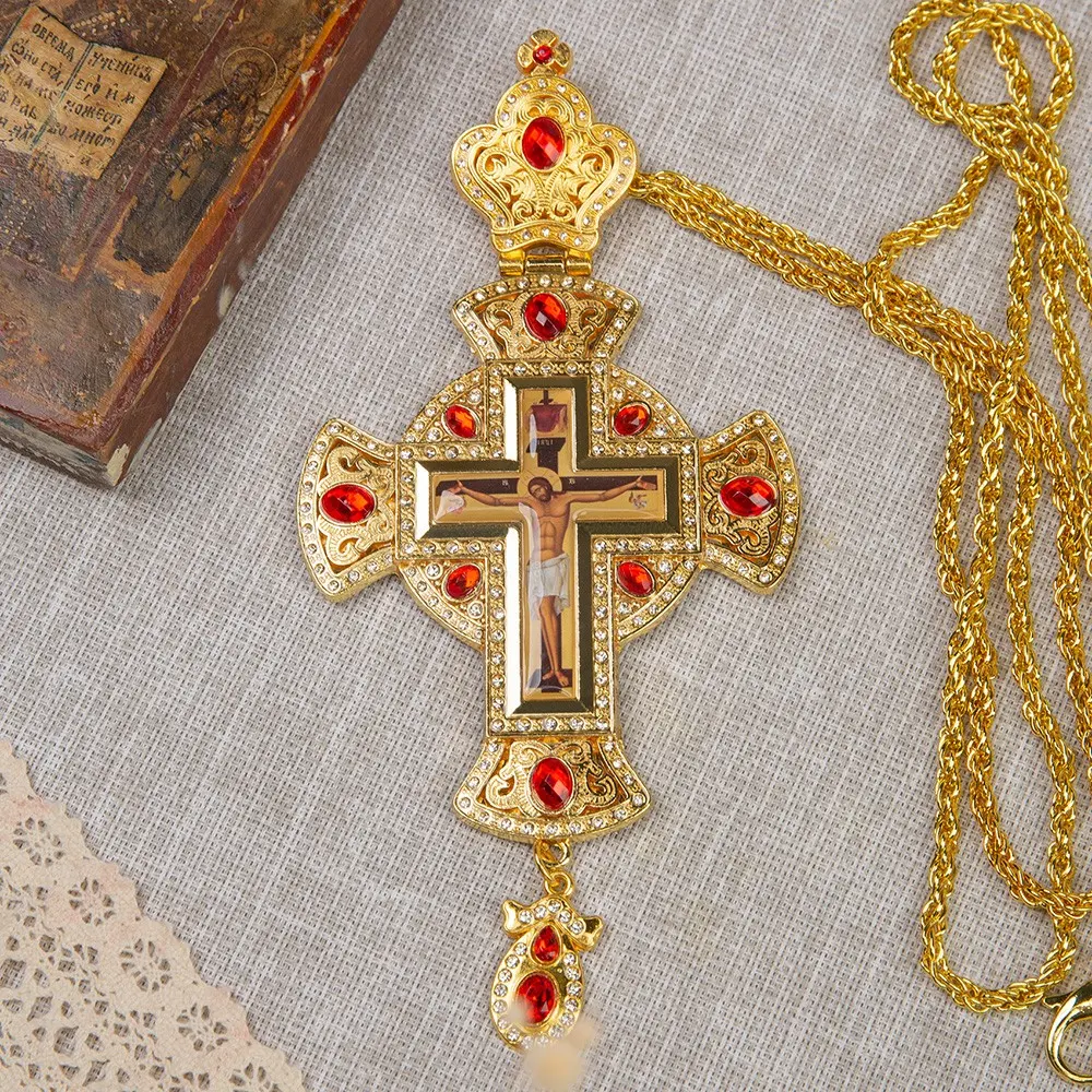 Gold Plated Orthodox Pectoral Cross Necklace for Priest, 4 Colors Rhinestone Jerusalem Jesus Crucifix Pendant with 47inches Long Chain, Orthodox Church Liturgy Religious Gift Box Packaging