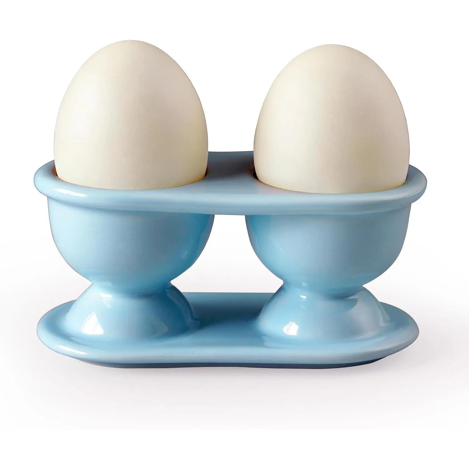 Ceramic Double Egg Cup Porcelain Boiled Egg Holder for Breakfast Cooking Easy to Clean Childhood Memories Kitchen,Bright Blue