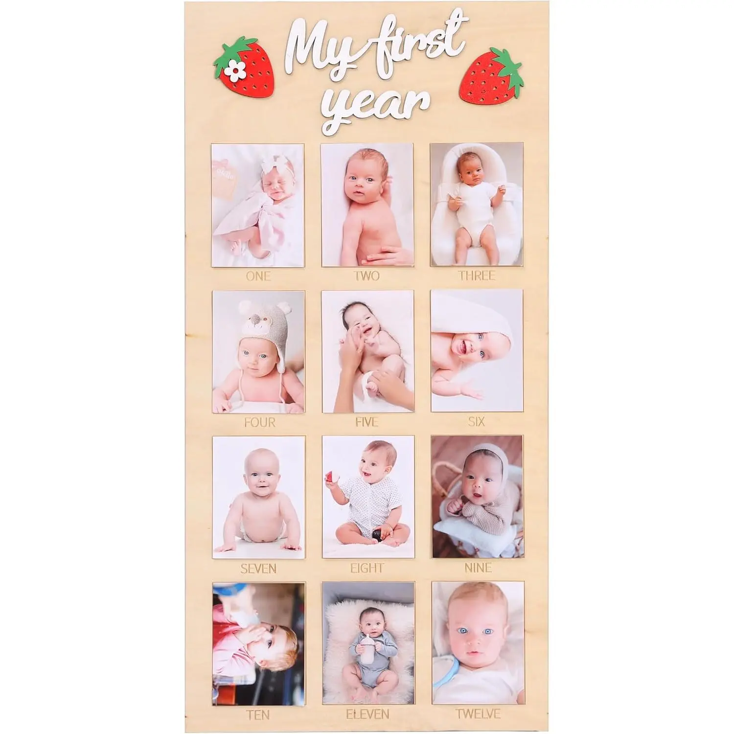 Berry First Year Wooden Photo Board - Strawberry Birthday Party Decorations, 12 Monthly Milestone Picture Frame, Strawberry  Year Wooden Sign