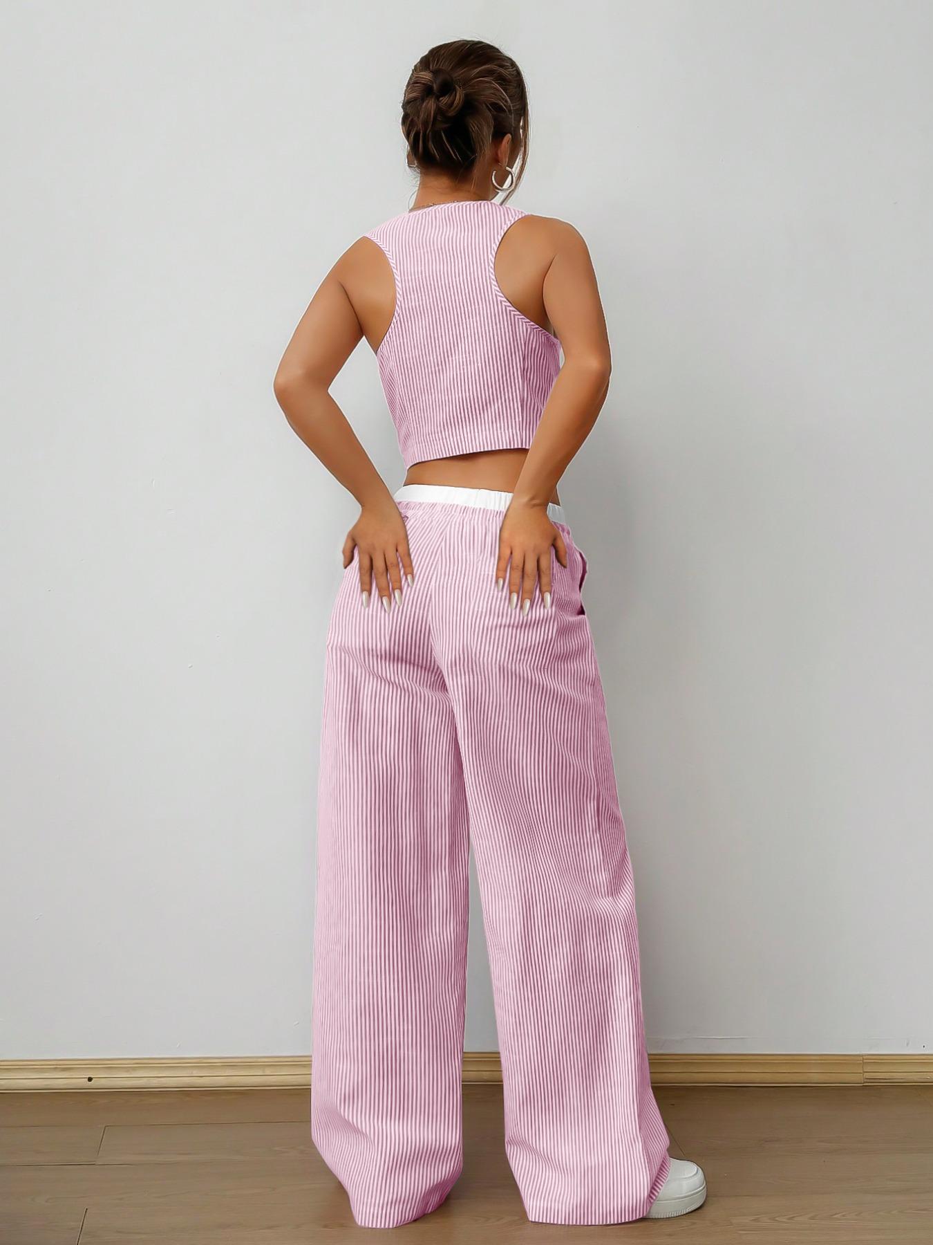 Women's Striped Print Vest Top & Wide Leg Pants Two-Piece Set, Casual Sleeveless Top & Pants for Summer, Ladies Clothes for Daily Wear