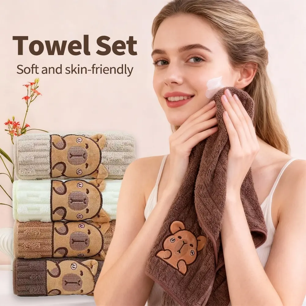Cute Capybara Face Towel Set, Face Cleaning Towel, Soft Coral Fleece, High Absorbency, Mixed Colors, Ideal for Bathroom, Gym, Hotel, 4/8 Pieces