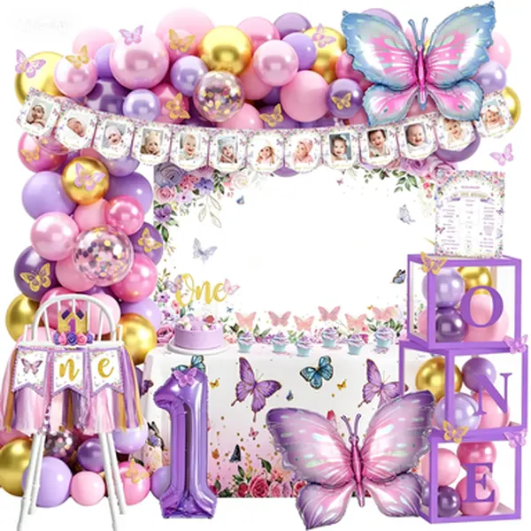 Pink Purple Butterfly Birthday Party Supplies for Girls, 1st Birthday Decorations Kit Includes Balloon Arch, Balloon Boxes, Backdrop, Tablecloth, Birthday Hat