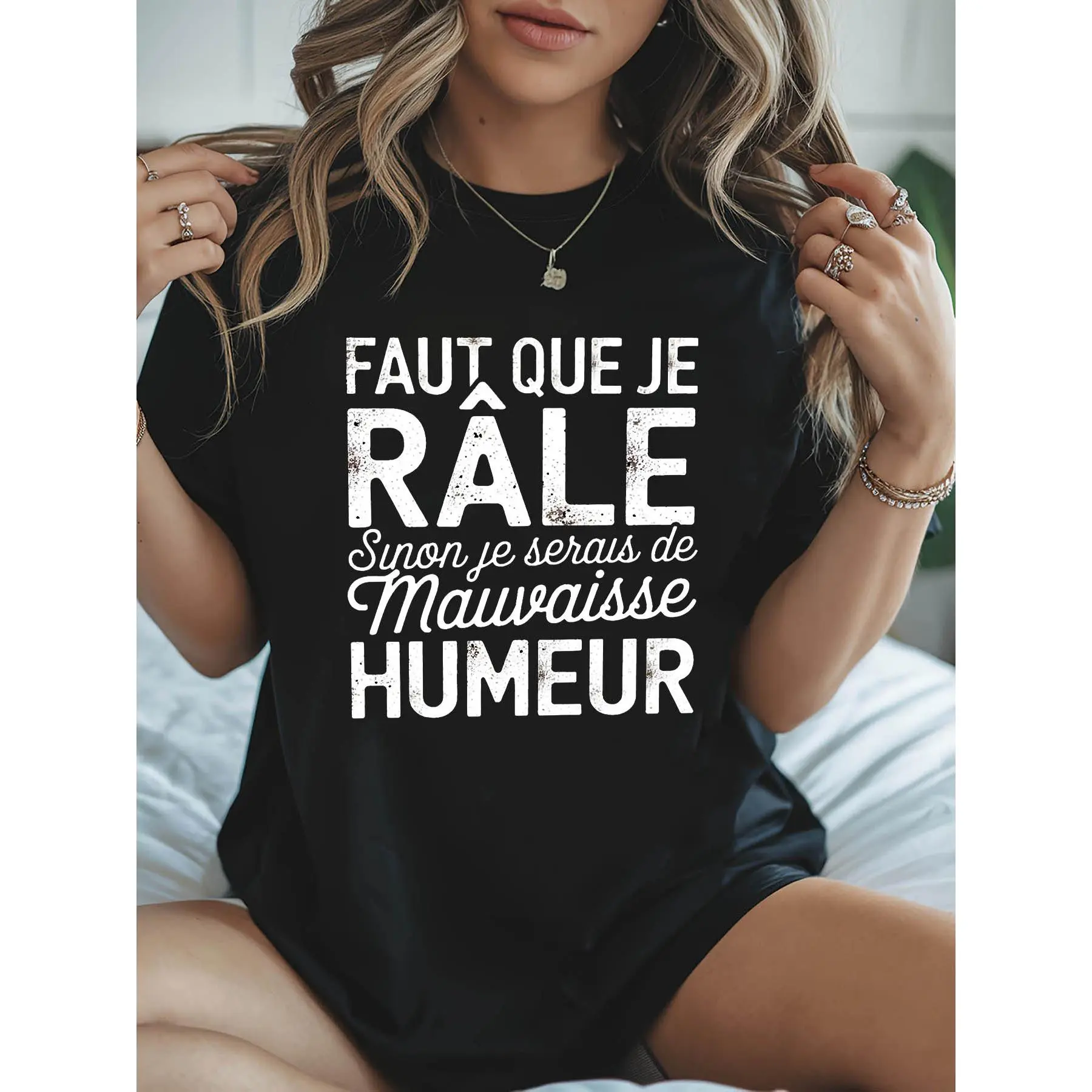 Plus Size - Plus Size - Straightforward Venting, The French "Complaining": "FAUT QUE JE RÂLE Sinon Je Serais De Mauvaise Humeur" Letter Print Plus Size Women'S Fashion Casual Round Neck Spring And Summer T-Shirt