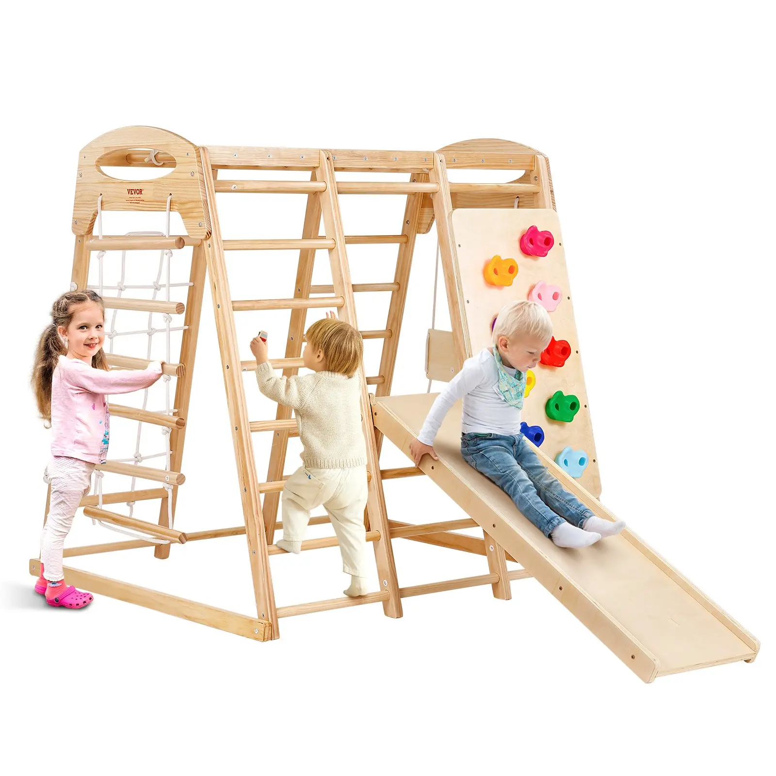 Indoor Jungle Gym, 7-in-1 Toddler Indoor Playground, Wooden Toddler Climbing Toys Indoor with Wood Rope Ladder, Net Ladder, Swing, Monkey Bar, Slide, Climbing Wall, 43x 47.2x 47in