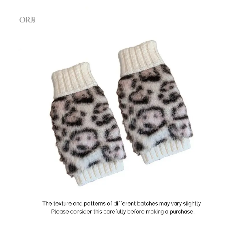 Leopard Print Acrylic Knit Fingerless Gloves, Warm Wind‑Resistant Fluffy Winter Half‑Finger Gloves for Outdoor Cycling & Daily Cold‑Weather Use