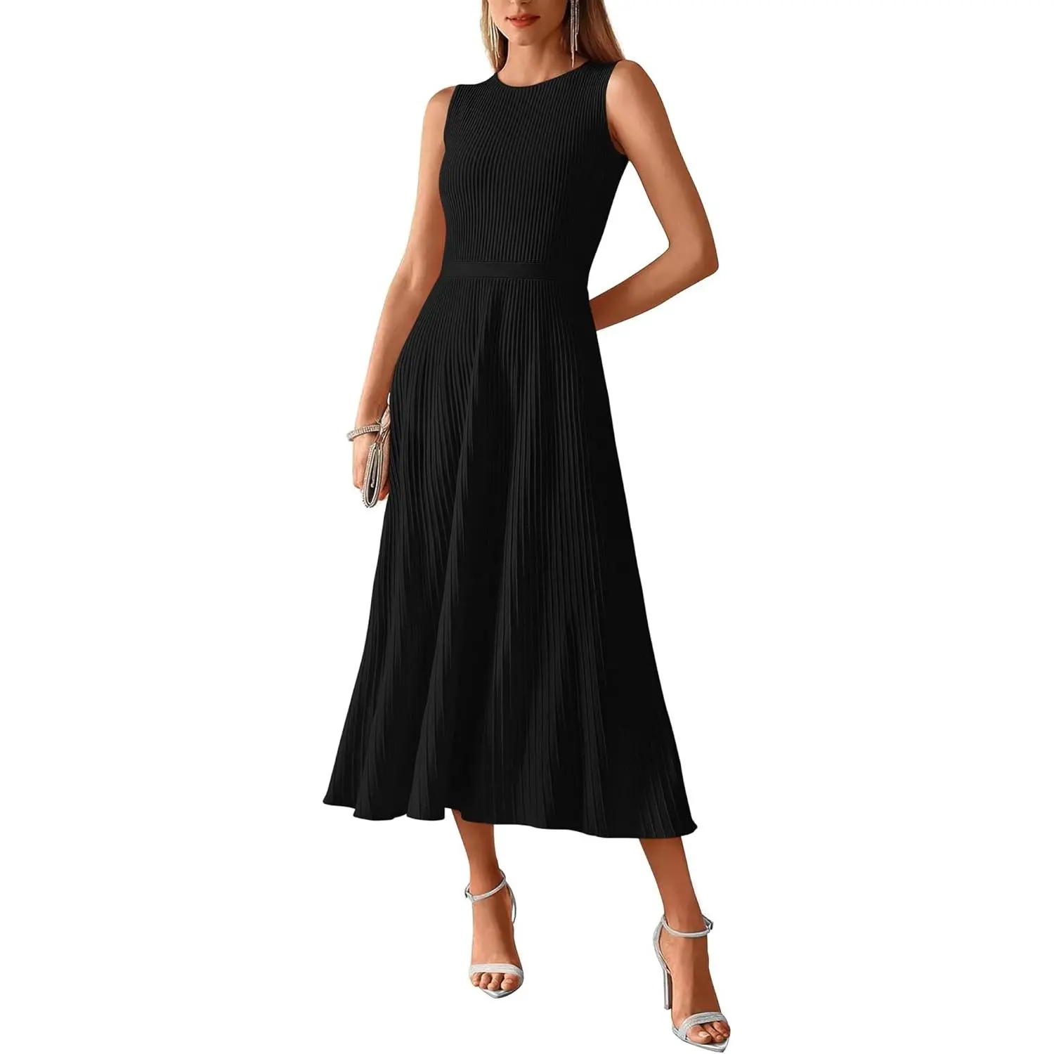 Women Tank Midi Dress Summer Crewneck Sleeveless Pleated A Line Business Casual Formal Sweater Spring Dresses 2026