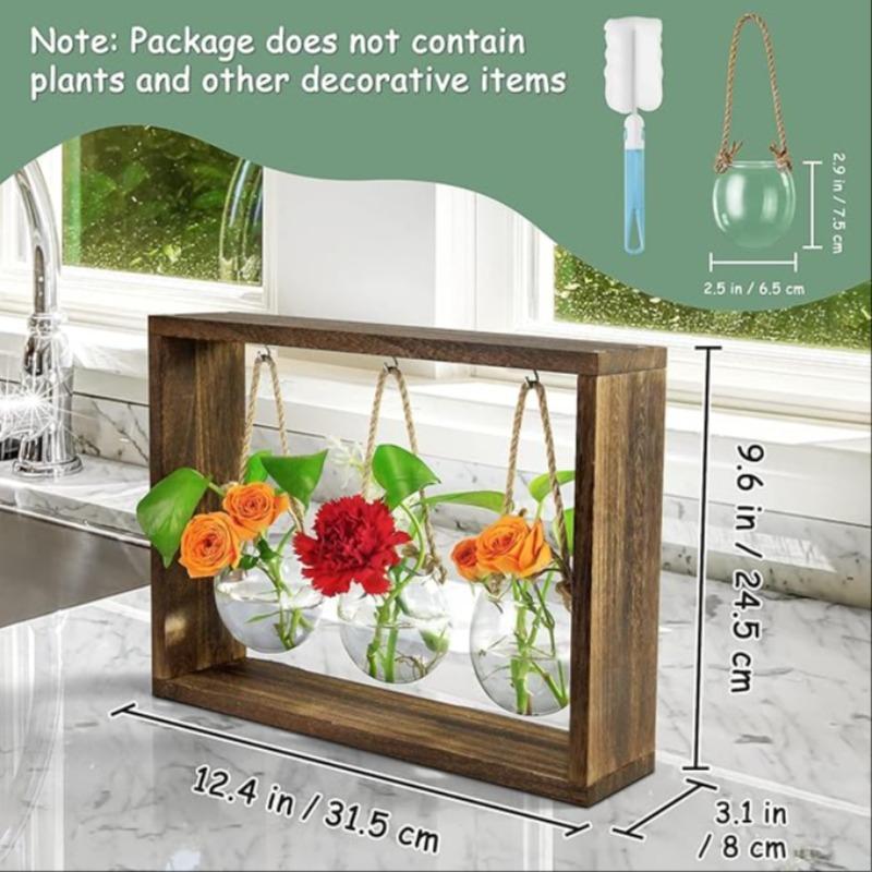 Wooden Plant Propagation Stations, 1 Set Vintage Glass Terrarium with Wooden Stand, Desktop Air Plant Propagation Vase for Home Office Garden Decor
