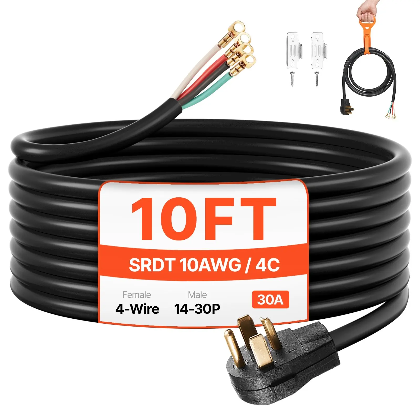 【DealsForYouDays】VEVOR 10 ft Dryer Power Cord, 4-Prong NEMA 14-30P Appliance Dryer Cord with Eyelet Connectors, 125V/250V, SDRT 10AWG/4C, 30A, Pure Copper Wire Cable with PVC Cable Tie, Ideal for Indoor Outdoor Use