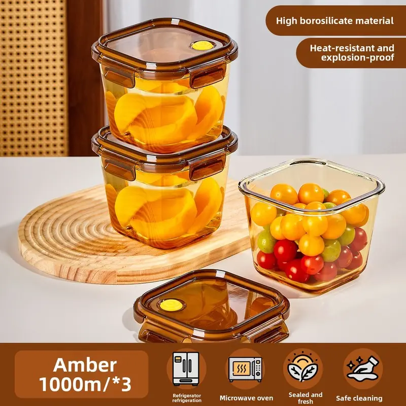 3PCS  Food-grade glass food storage container, large capacity for refrigerator freezing, moisture-proof airtight seal. Multi-use for daily meals, pickles and fermented vegetables storage jar.