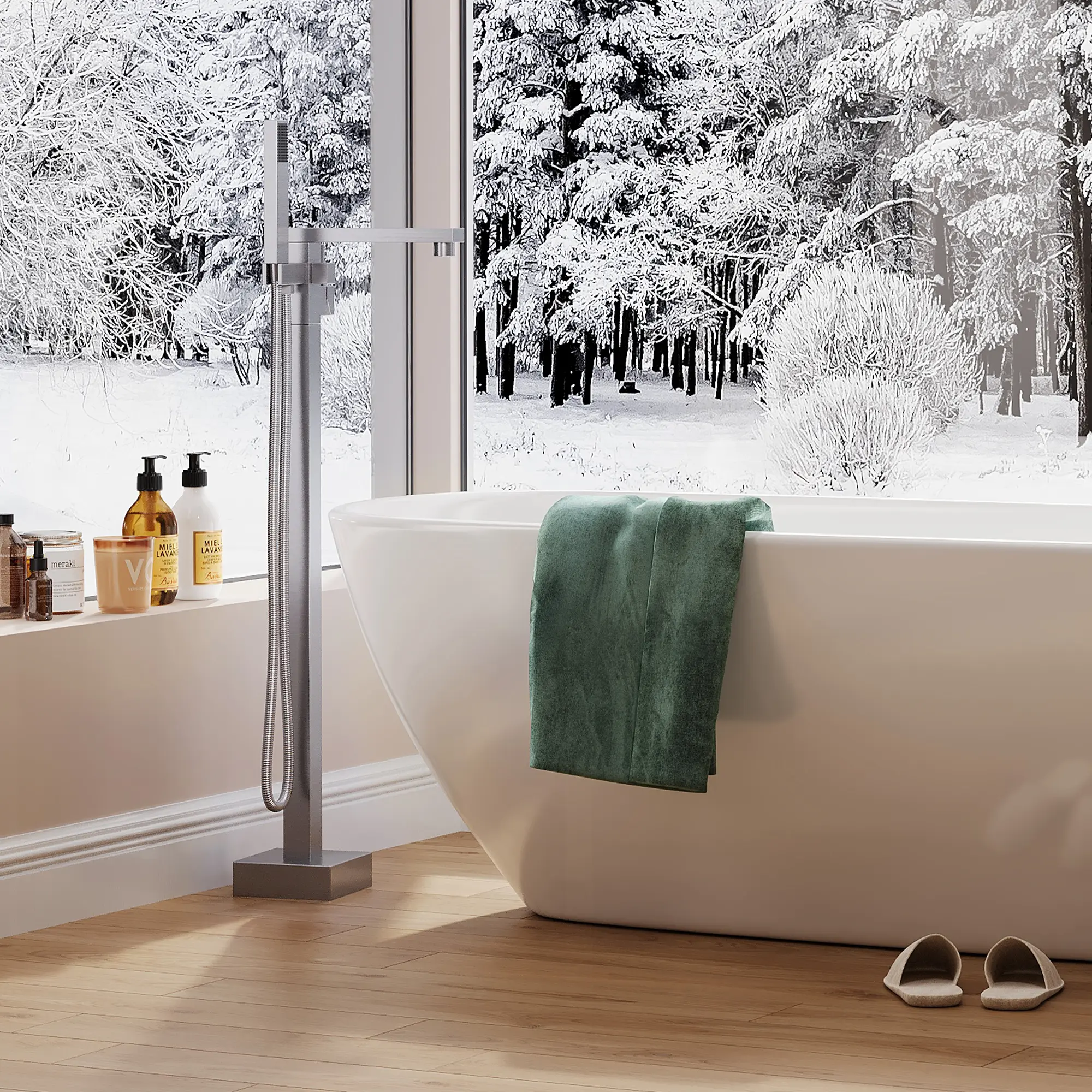 Freestanding Bathtub Faucet, Floor Mount Tub Filler with Hand Shower, 360° Swivel Spout, Single Handle Bathroom Tub Faucet
