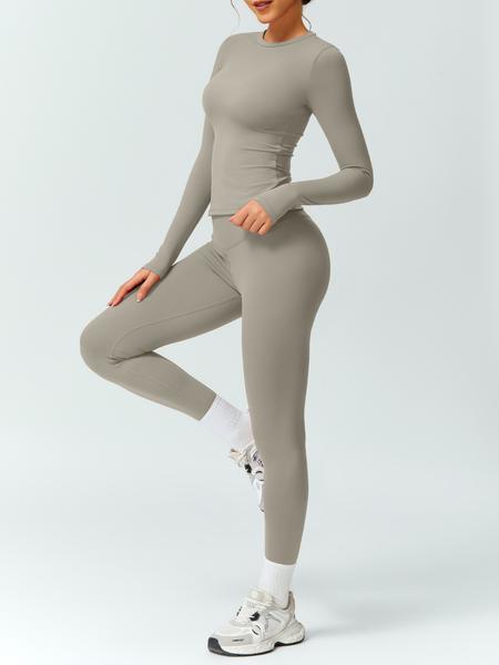 Women's Solid Color Long Sleeve Tee & High Waist Leggings Tracksuit Set, Athletic Activewear Tracksuits, Sporty Comfy Breathable Outfits for Gym Workout Running, Ladies Fall & Winter Sportswear