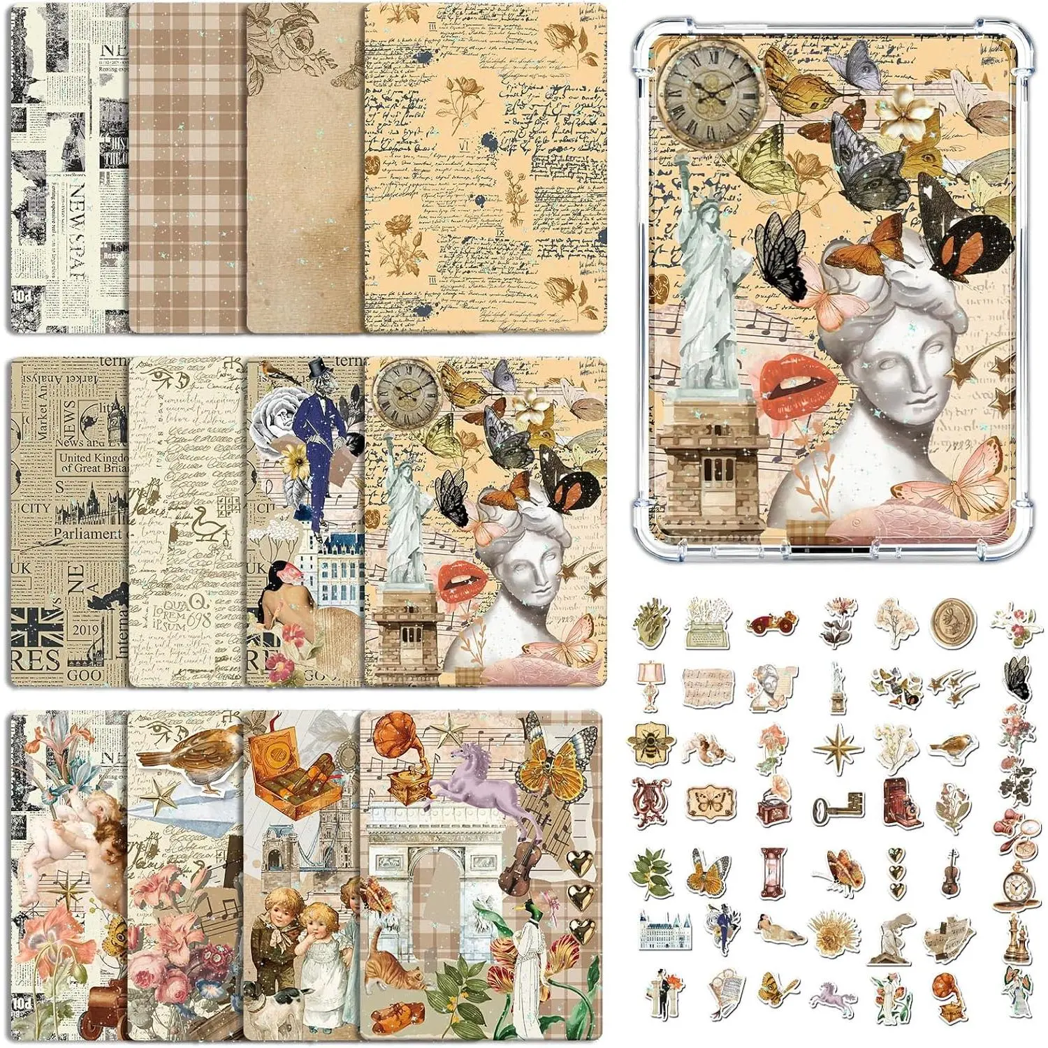 Insert Cardstock for Clear Case - 12 count Junk Journal Cardstock Inserts Compatible with Kindle Paperwhite 11th-12th, C Aesthetic Flower Butterfly  Stickers for E-Reader Clear  Cover