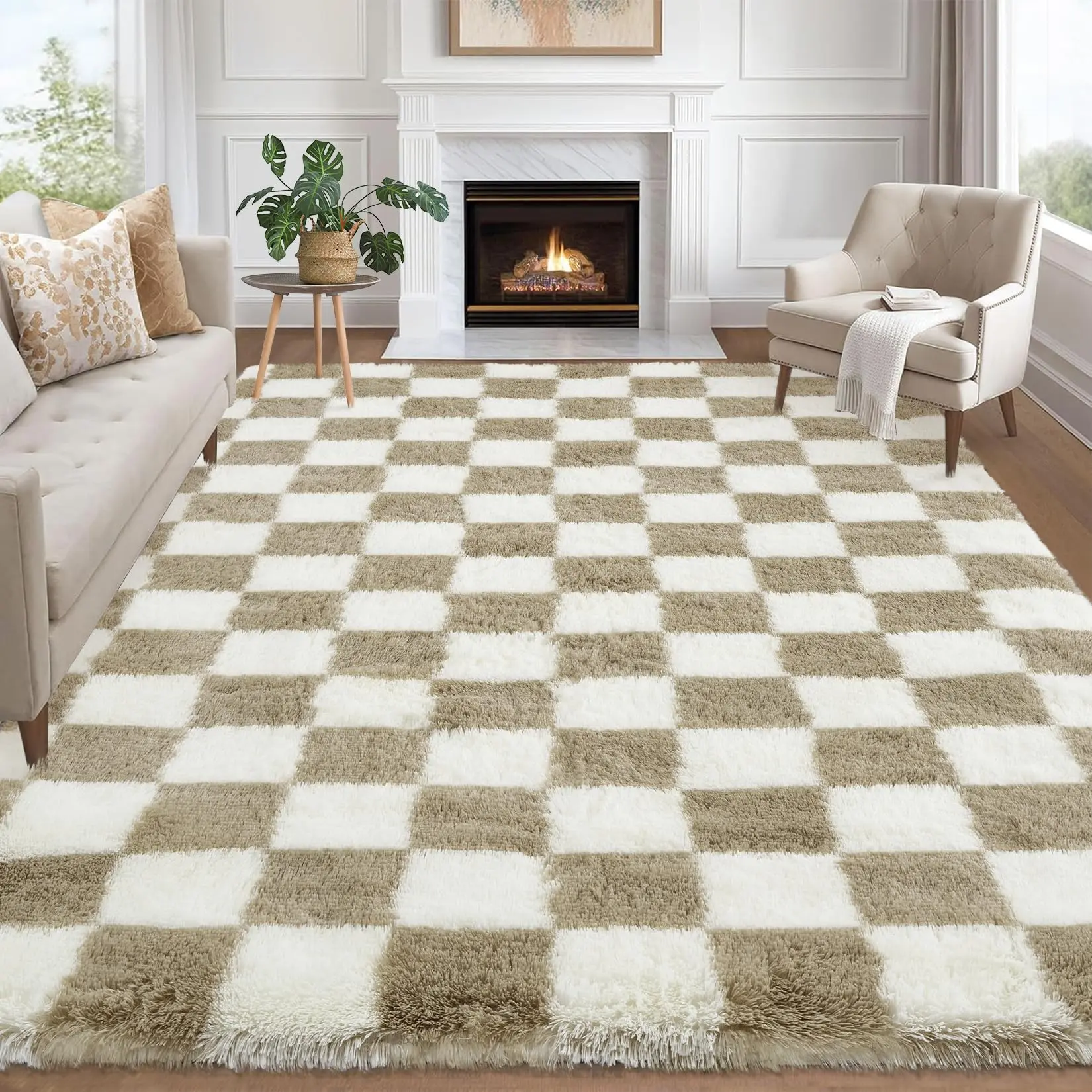 Garvee Grid Soft Living Room 9x12 Plush Printed Area Rugs Non Shedding Coffee High Pile Mat Throw Rug