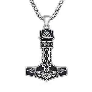 Mjolnir Necklace White Gold Plated Thors Hammer Necklace for Men Viking Pendant Norse Runes Amulet Viking Jewelry Gifts