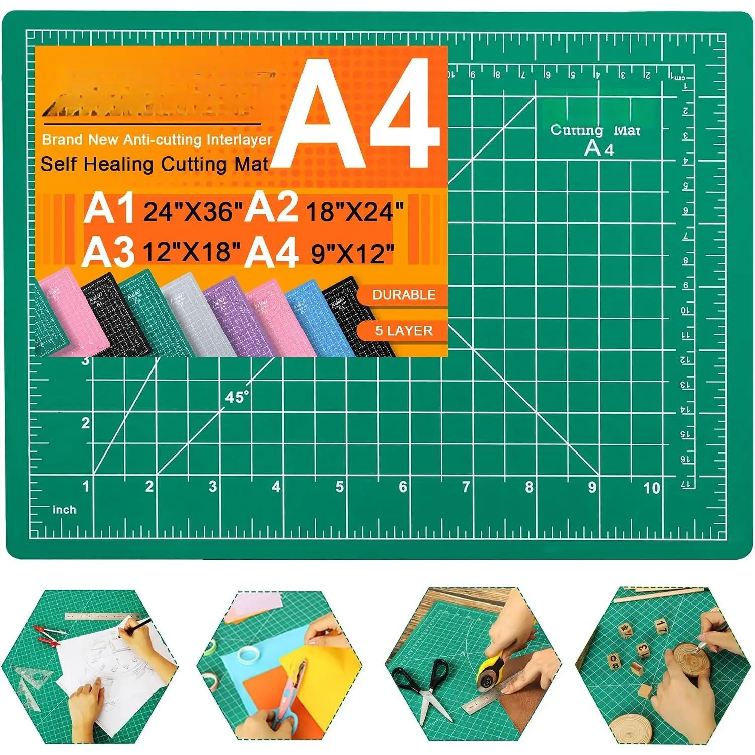Density-upgraded 9"x12" Self   Mat,  Rotary Sewing Mat for Crafts, 5-Ply  Table Protector Cut Board for Fabric Leather  Quilting Modeling Hobby Project, A4, Green
