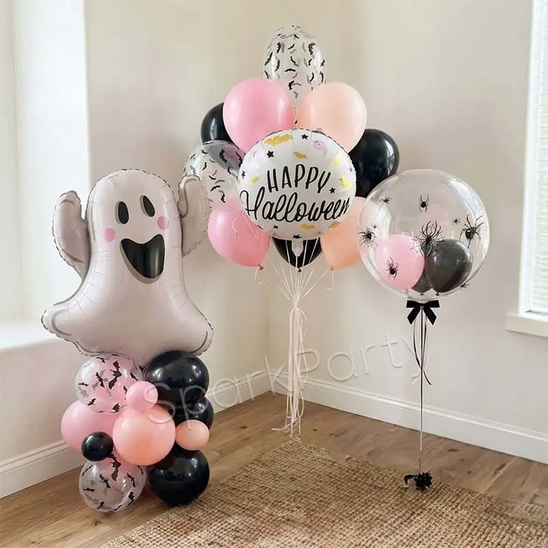 37pcs Halloween Balloon Set, Giant Ghost Balloons, Transparent Bubble Balloons, Spider Stickers, Bat Print Balloons, Witch Party Decor