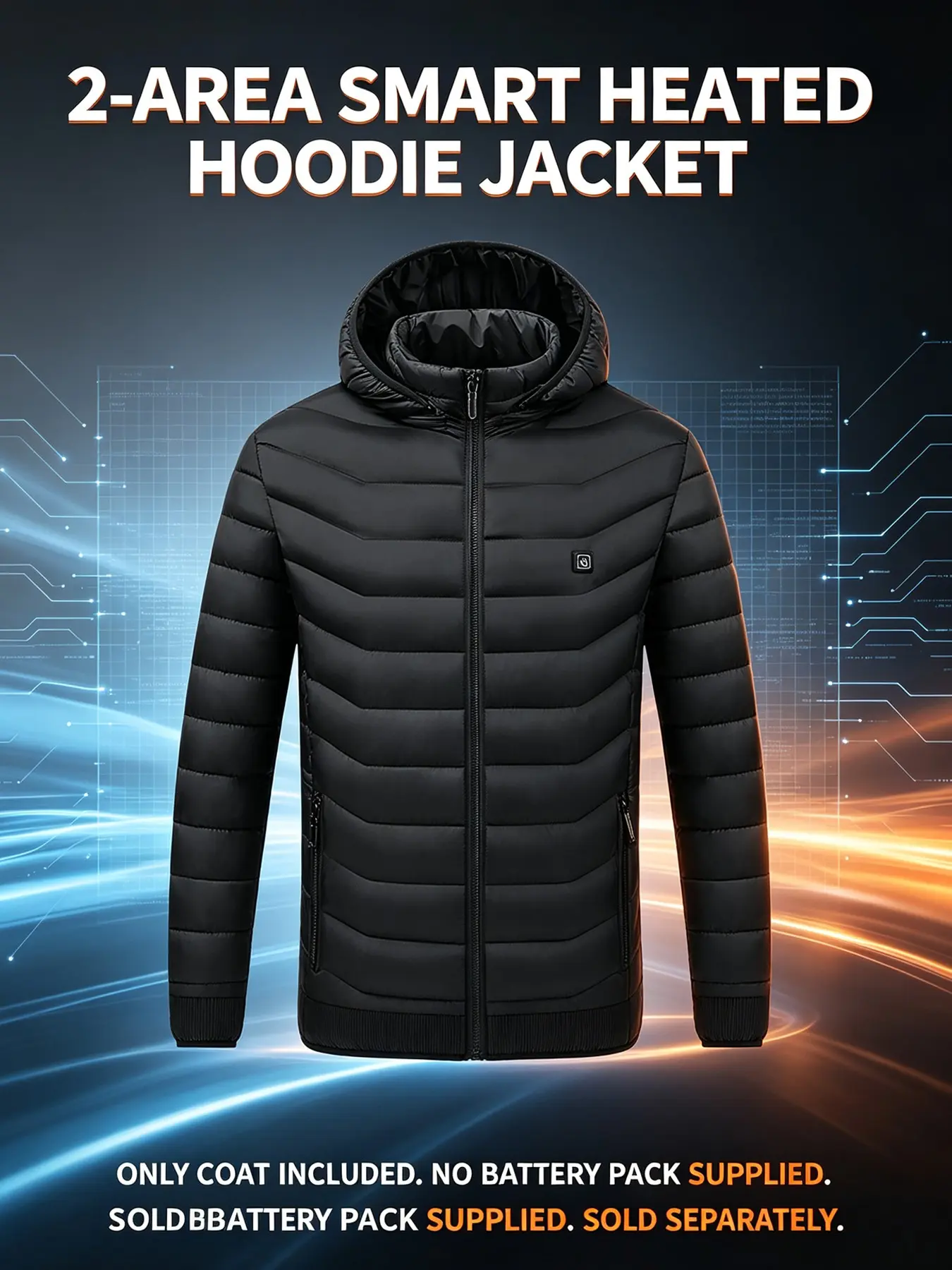 This solid hooded jacket has 2 heating zones for winter use. Stylish, warm and slim-fitting. Heating requires external power. Only the jacket is sold; power bank not included.