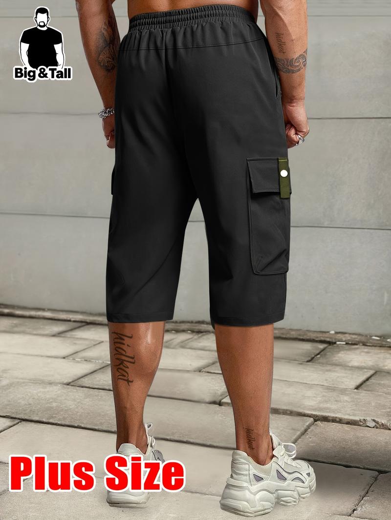 Men'S Plus Size Summer Lightweight Cargo Pants - Casual Cargo Style with Drawstring Waist, Large Pockets & Letter Patch, Solid Color Regular Fit for Casual Attire & Outdoor Activities, PLUS SIZE Men'S Plus Size Summer Lightweight Cargo Pants - Casual Cargo Style with Drawstring Waist, Large Pockets & Letter Patch, Solid Color Regular Fit for Casual Attire & Outdoor Activities, PLUS SIZE