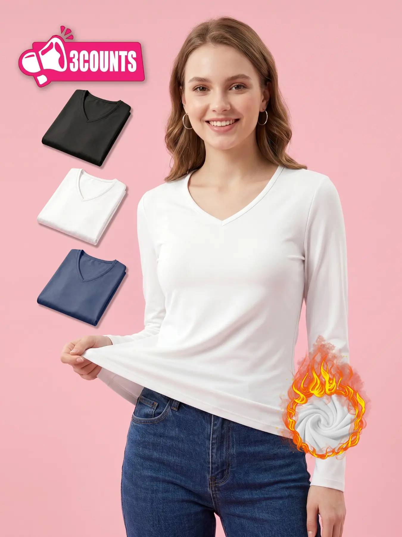 3-Pack Women's Long Sleeve V-Neck Thermal T-Shirts, Plain Color Fleece Lining, Casual Winter Home Outdoor Sportwear, Fit, Clothing
