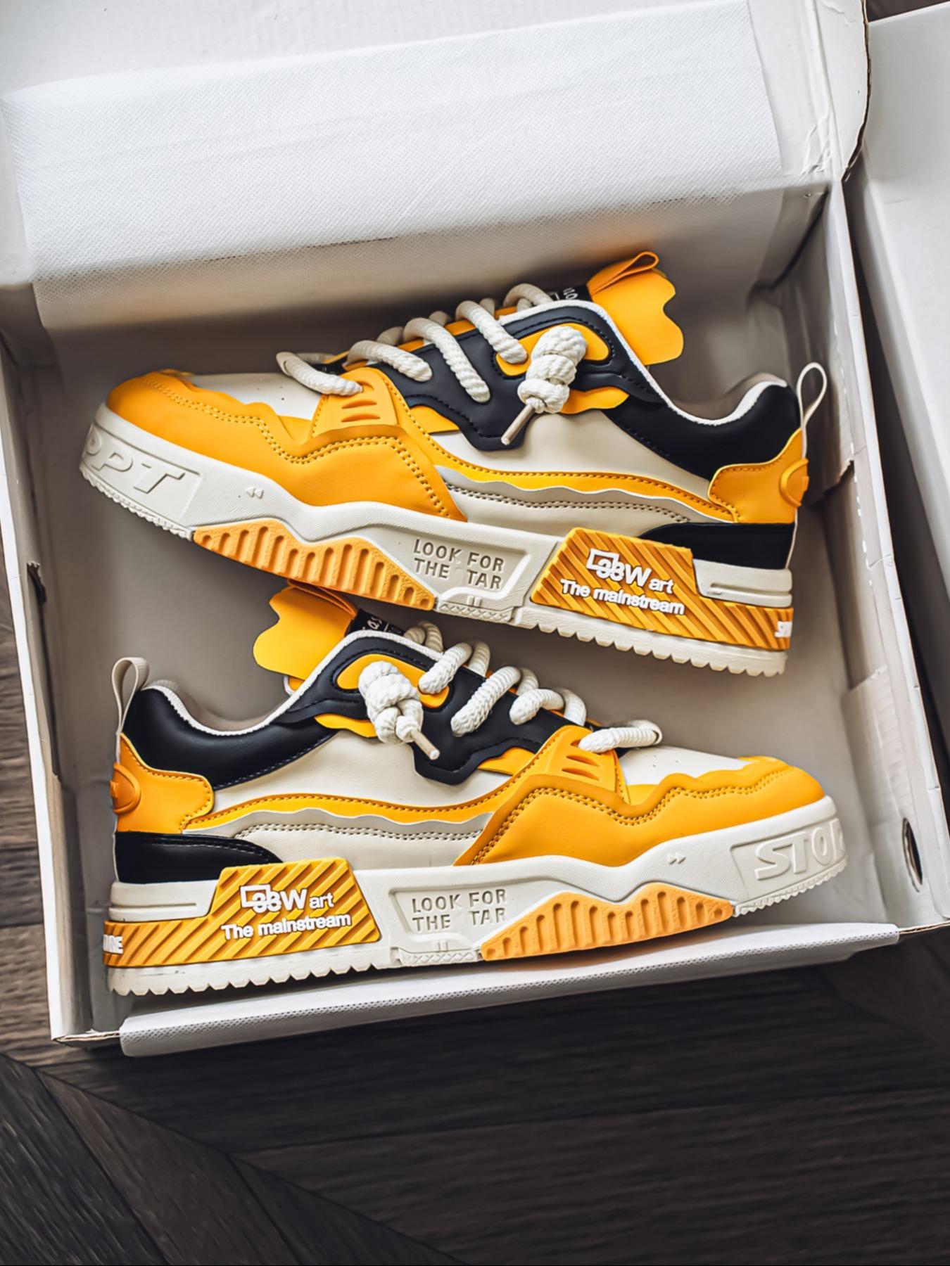Men's Sporty Lace-Up Thick Sole Sneakers, Breathable Comfortable PU Leather Shoes, All-Season Outdoor Skateboarding Footwear