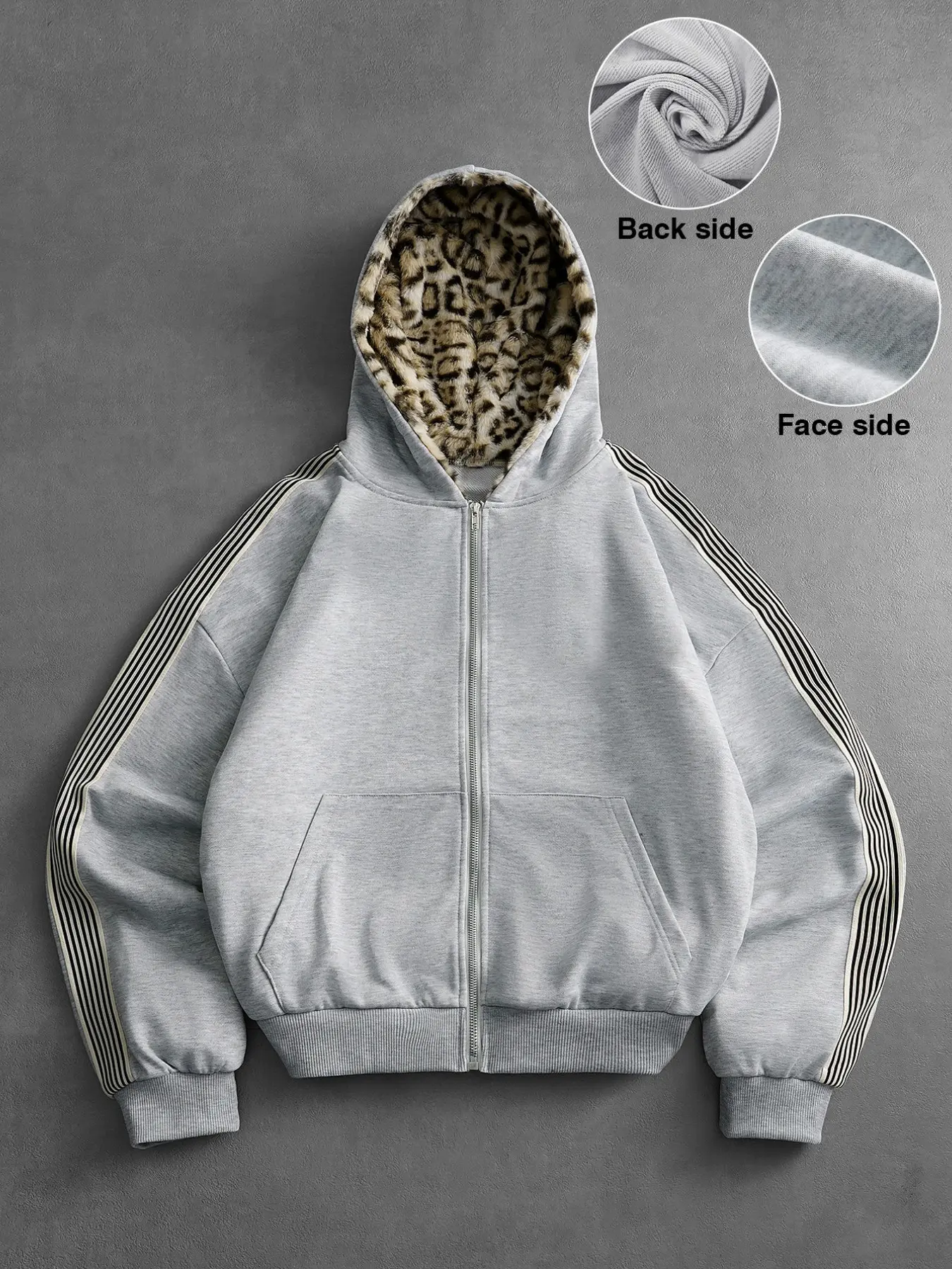 Cozy Zip Up Hoodie Outerwear (with Cheetah Faux Fur Lined Hood & Athletic Striped Sleeves) – Loose Fit Fleece Sweatshirt Jacket with Pockets