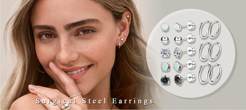 Trendy 8 Pairs Simple Classic Stud Hoop Earrings Mysterious Surgical Steel Earrings for Sensitive Ears Hypoallergenic for Women Men Charming Small CZ Flat Back Cartilage Earrings Set Unique Design Show An Unrestrained Attitude Simple Smooth Surface