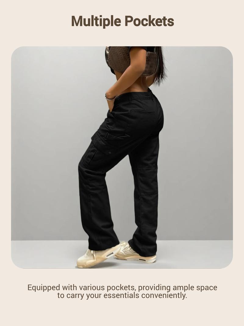 GILIPUR Y2K Women's Solid Multiple Pockets Cargo Pants, Plain Comfort Basic Streetwear Casual Comfy Pocket Design Trousers For Daily Wear, Going Out Bottoms, Autumn And Winter Women's Baggy Clothing, Womenswear, Casual Fit Trousers, Lady Loose Clothe