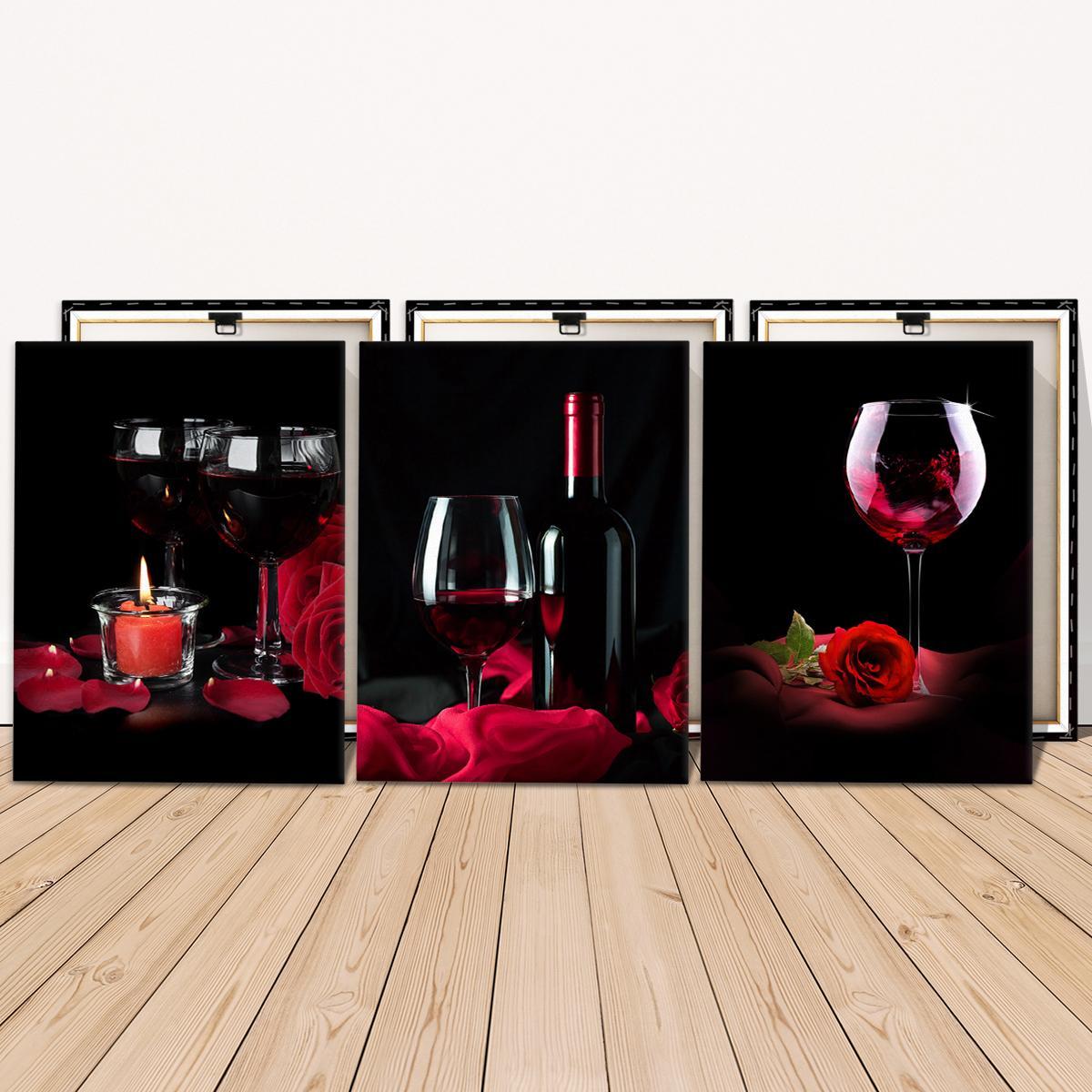 Wine Themed Canvas Painting, 3 Counts/set Romantic Wine Glass Pattern Vintage Wall Art, Wall Decor for Home Living Room Bedroom Office, Ornaments