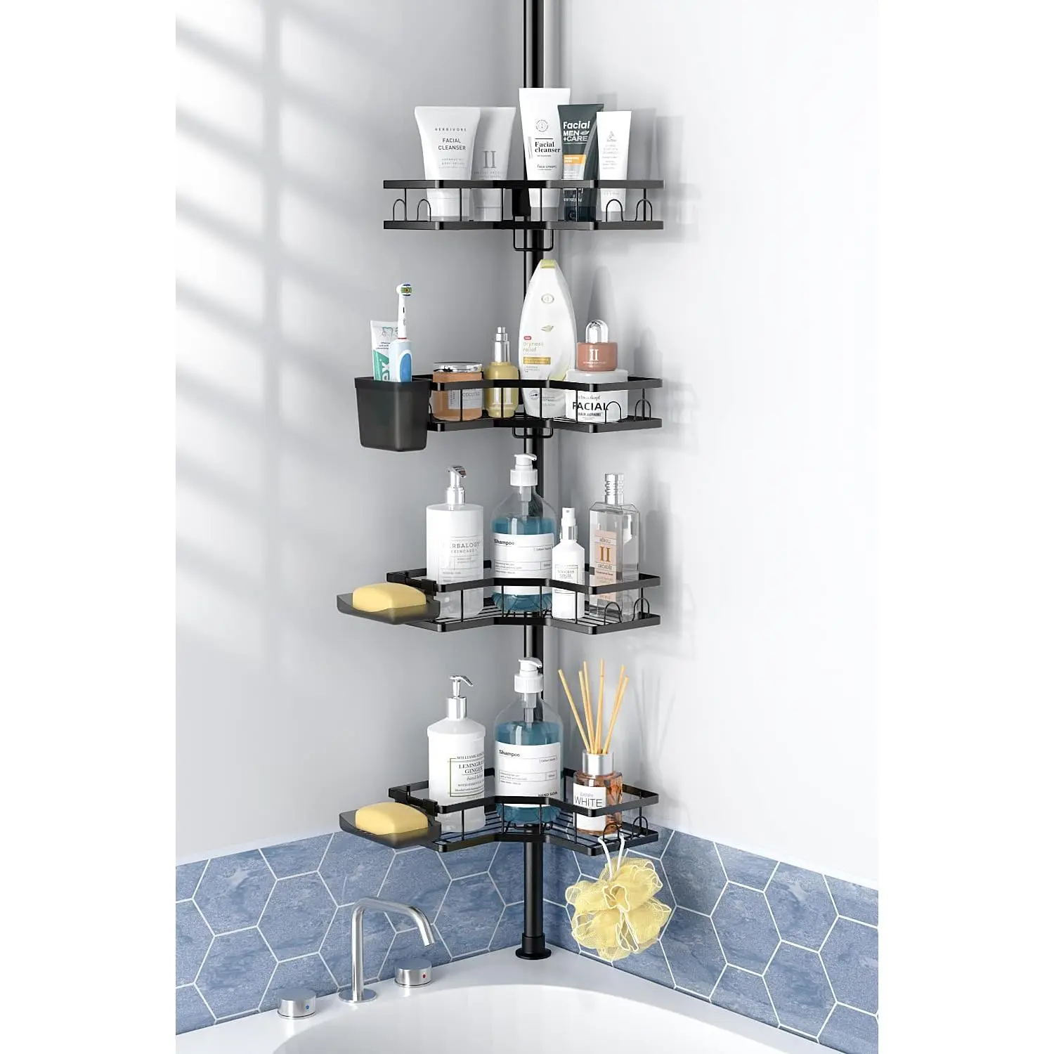 Adjustable Shower  Tension Pole: Rustproof Corner Bathroom Shelves | 4-Tier 31-124" No Drill Standing Organizer Fits Apartments Rentals Bathroom Bathtub, for Shampoo, Conditioner, Bath Essential