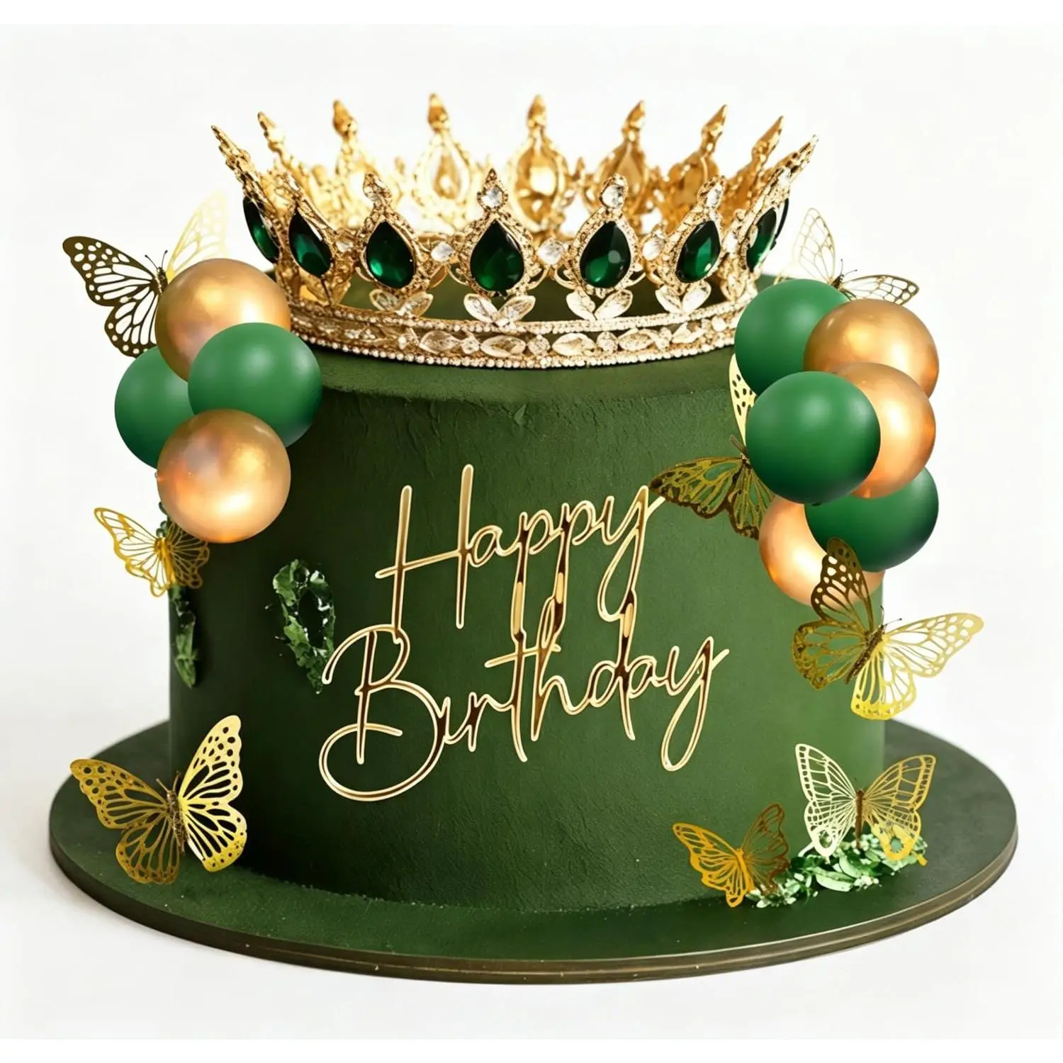 Green Crown Cake Topper Gold Balls Cake Decor Crown Birthday Gold Butterfly Sign for Birthday Baby Shower
