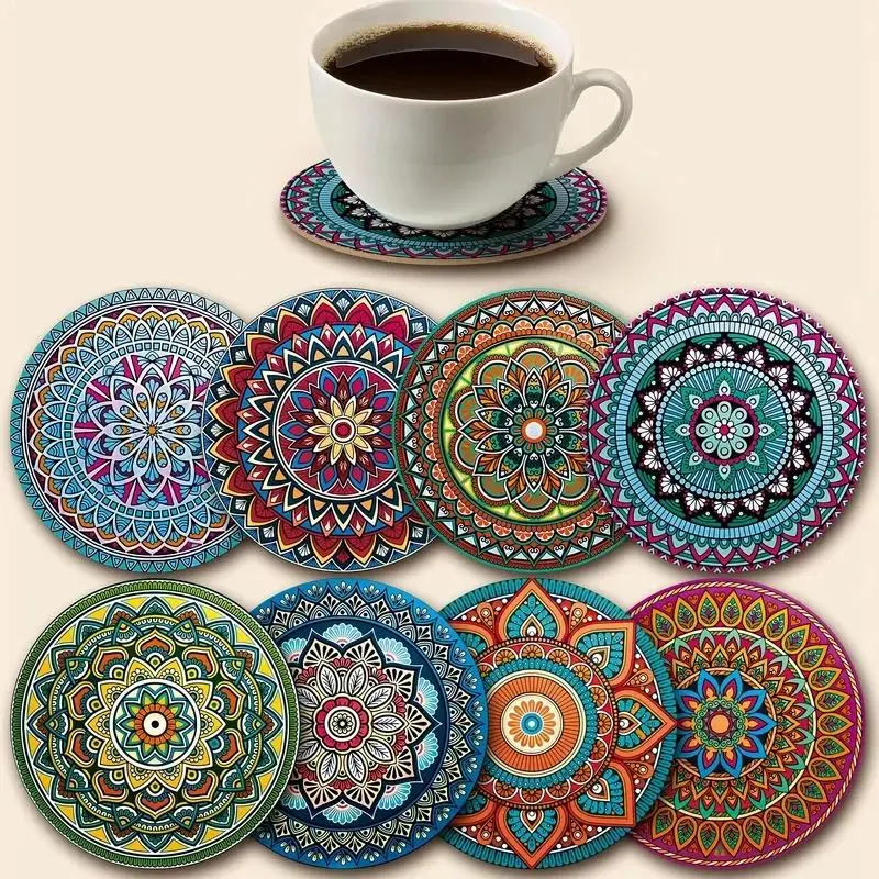 8-Pack Wooden Mandala Coasters, Heat-Resistant Drink Coaster Set with Decorative Boho Designs, Reusable Table Protectors for Cups, Mugs & Glasses, Home Bar, Office, Party & Holiday Decor