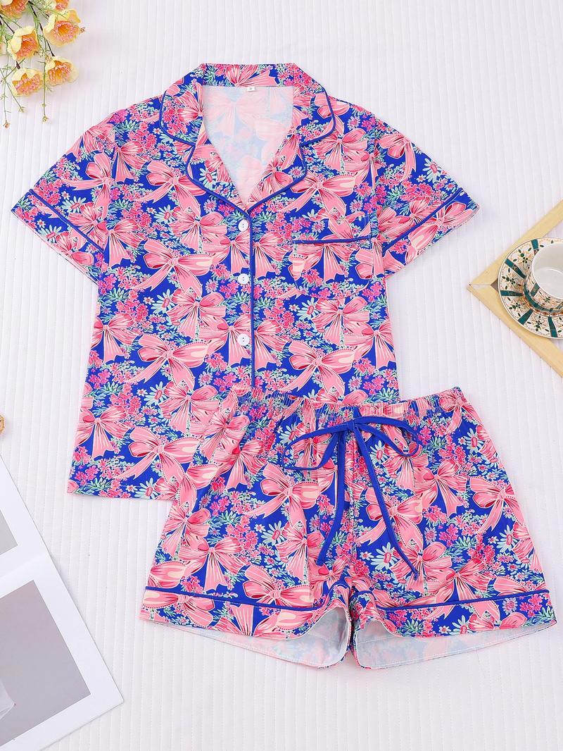 Women's All Over Bow Print Shortsleeve Lapel Shirt & Bow Decor Elastic Waist Shorts Pajama Two-piece Set, Casual Comfy Button Front Pocket Top & Ruffle Hem Shorts Set, Ladies Summer Sleepwear, Loungewear, Lounge Clothes, Cozy Lounge Set