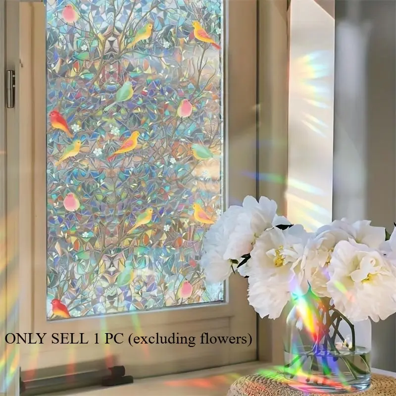 Privacy Window Film with 3D Colorful New Bird Design, -Resistant Self-Adhesive Window Film for Heat Control in Home Kitchens And Offices, Featuring a Rainbow Effect