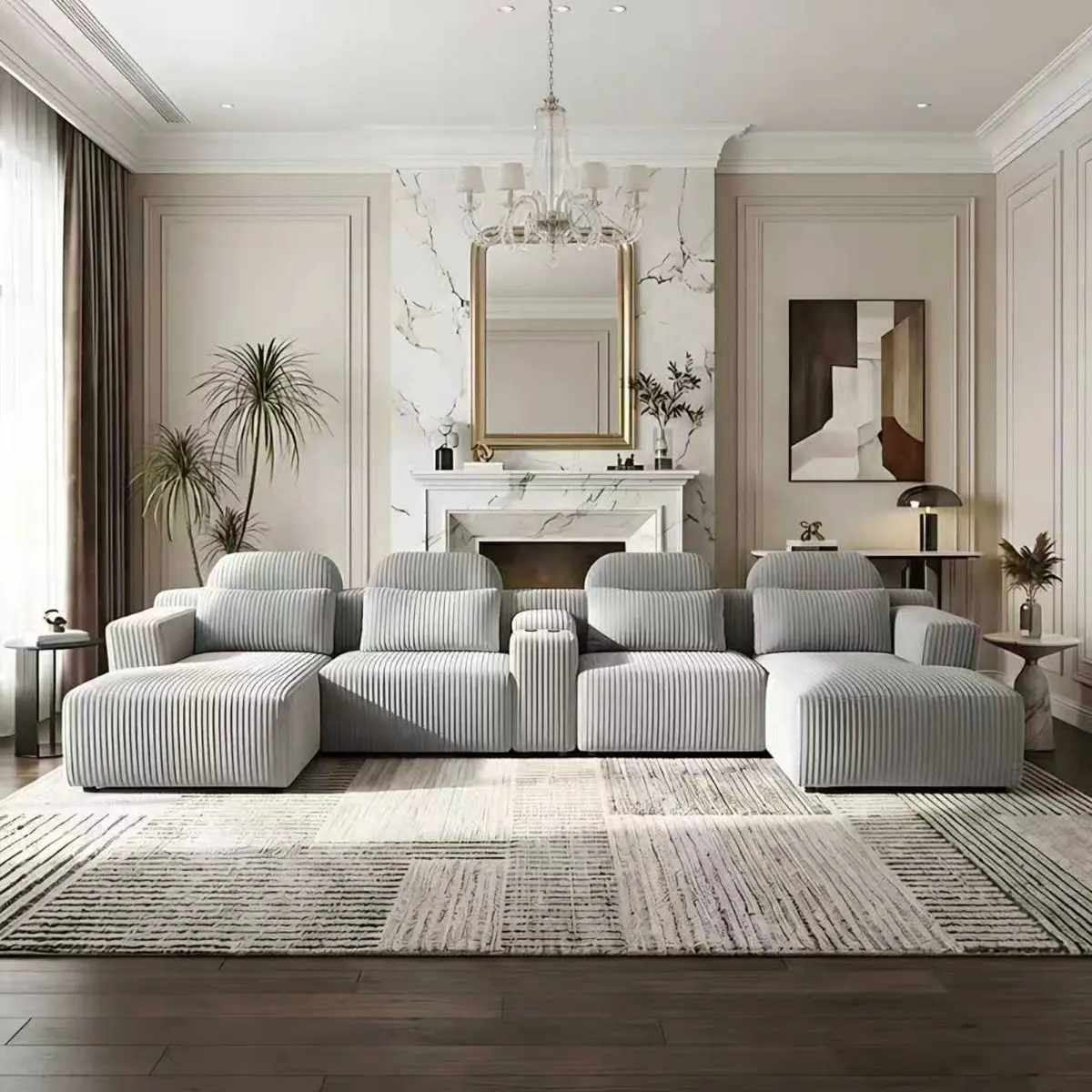 AobtkelModern Gray Velvet U-Shaped Velvet Sectional Sofa - 3-Piece Living Room Set with Chaise Lounge & Cup Holders - 145.7"/370cm Extra Large Modular Sofa for Home Theater, Family Room, Luxury Living Space