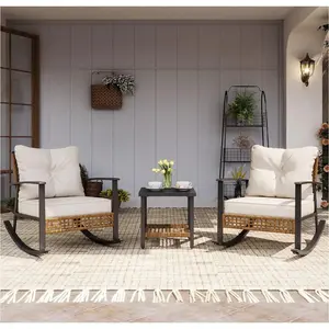 summerwins 3-Piece Outdoor Rocking Bistro Set, Rattan Conversation Set with Thick Cushions & 2Tier Coffee Table, Oversized Furniture for Garden, Balcony & Backyard (Beige)